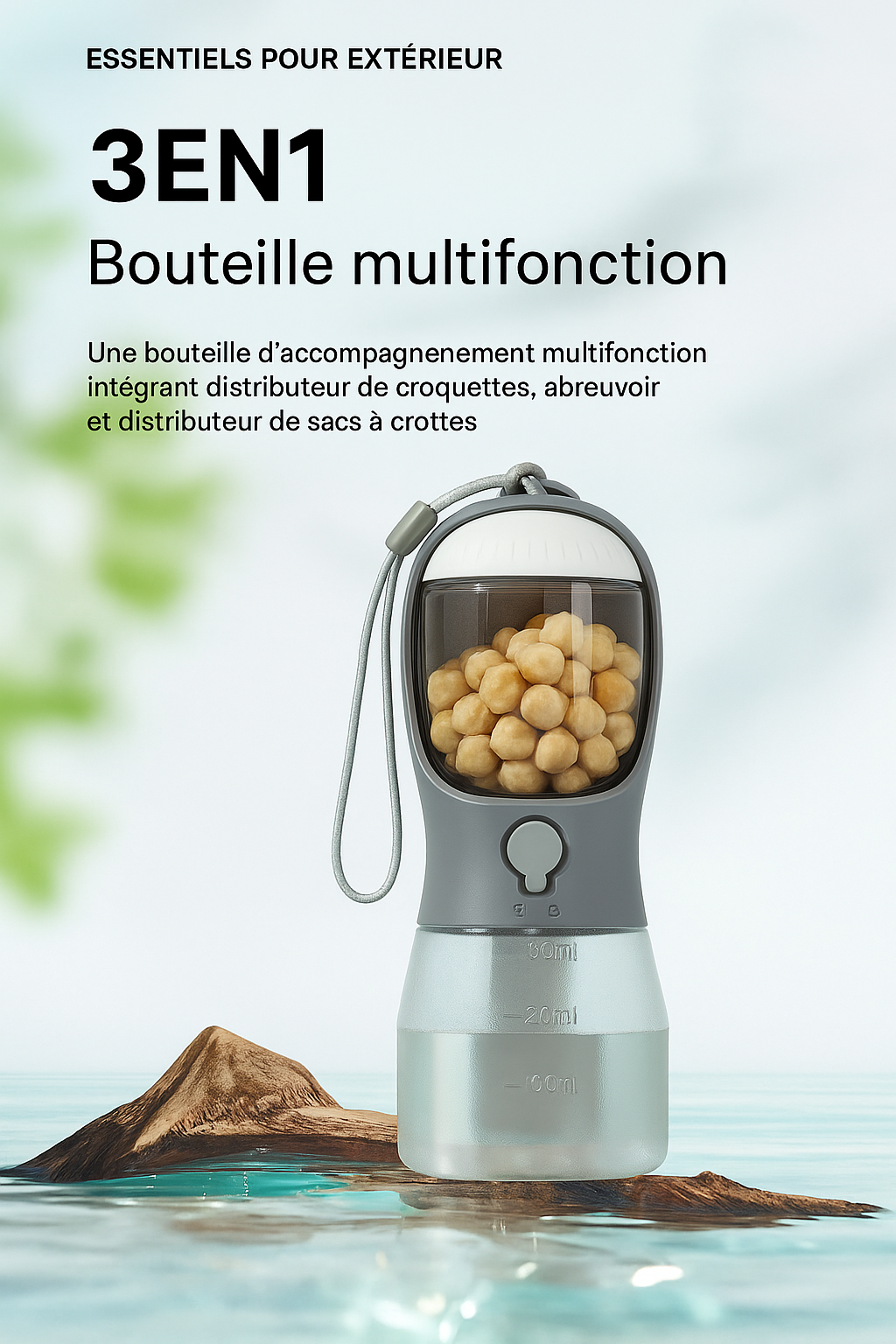 Croquettes, tasse à eau pour chien et sac poubelle : 3 en 1 !