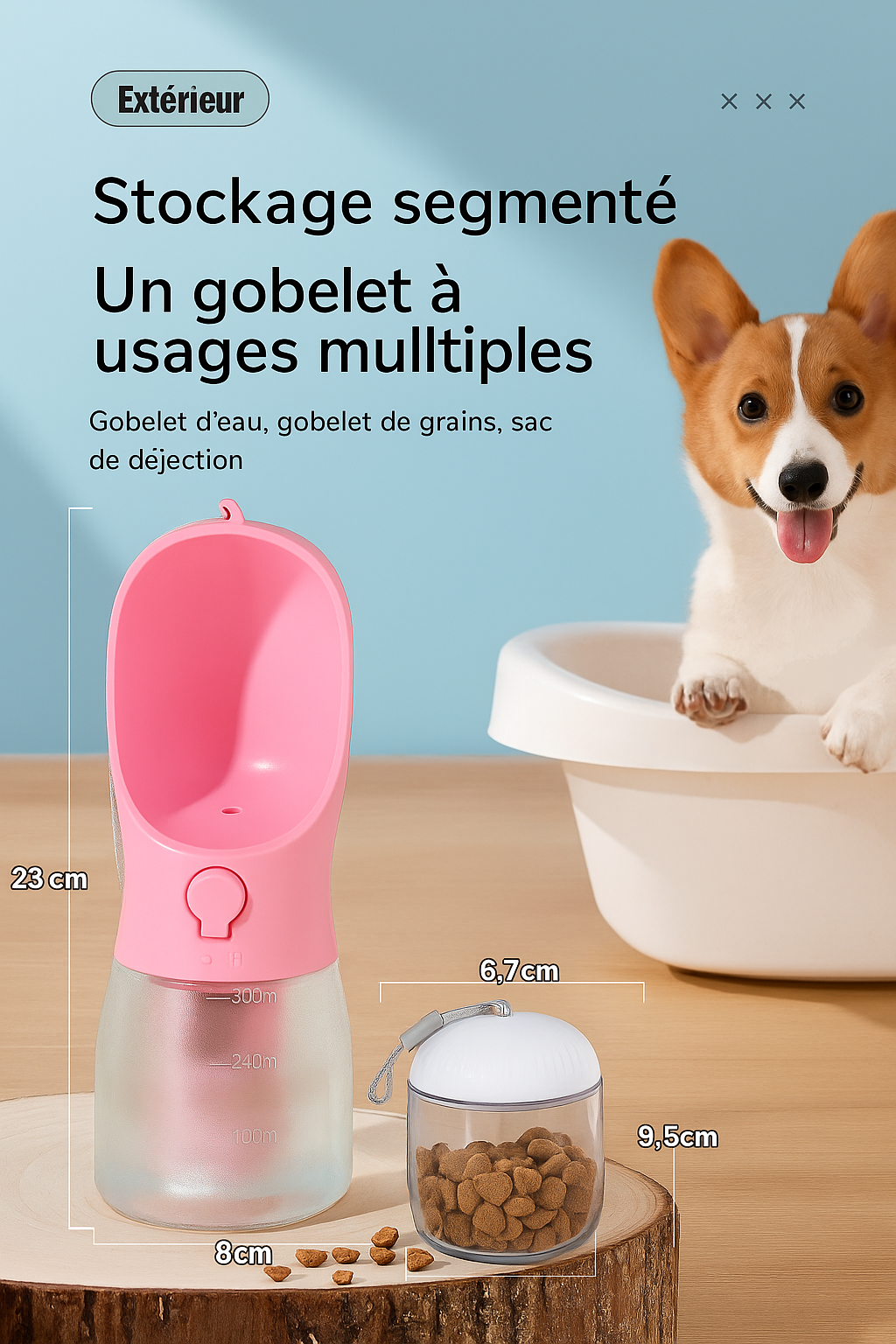 Croquettes, tasse à eau pour chien et sac poubelle : 3 en 1 !